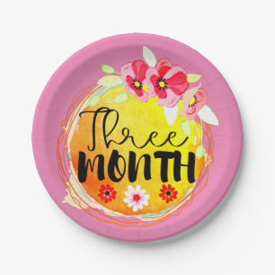 Floral Three Month Old Baby Milestone Label Paper Plate