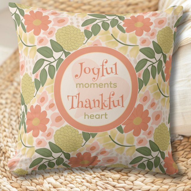 Floral Throw Pillow- Joyful Moments Thankful Heart Cushion (Peach Yellow Green Inspirational Floral Throw Pillow - Joyful Moments Thankful Heart Collection)