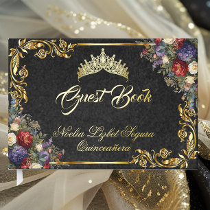 Floral, Tiara & Gold Leaves - Black Guest Book
