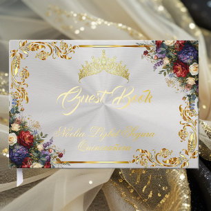 Floral, Tiara & Gold Leaves - White Pearl Guest Book