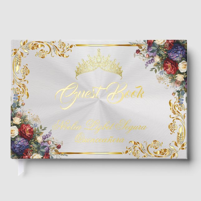 Floral, Tiara & Gold Leaves - White Pearl Guest Book (Front)