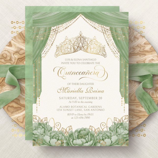 Floral Tiara Sage Green Quinceanera Invitation (Creator Uploaded)