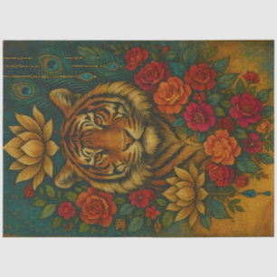 Floral Tiger Portrait – Botanical Animal Decoupage Tissue Paper