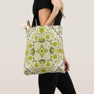 Floral tiles in green tote bag