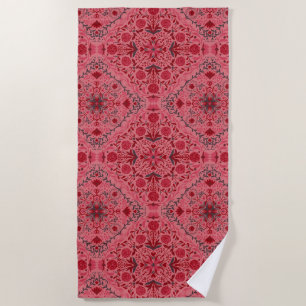 Floral tiles in red and watermelon pink beach towel