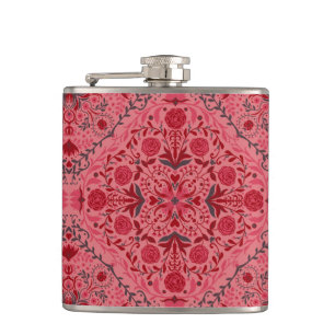 Floral tiles in red and watermelon pink hip flask
