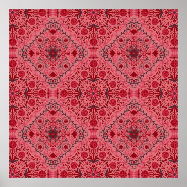 Floral tiles in red and watermelon pink poster (Front)