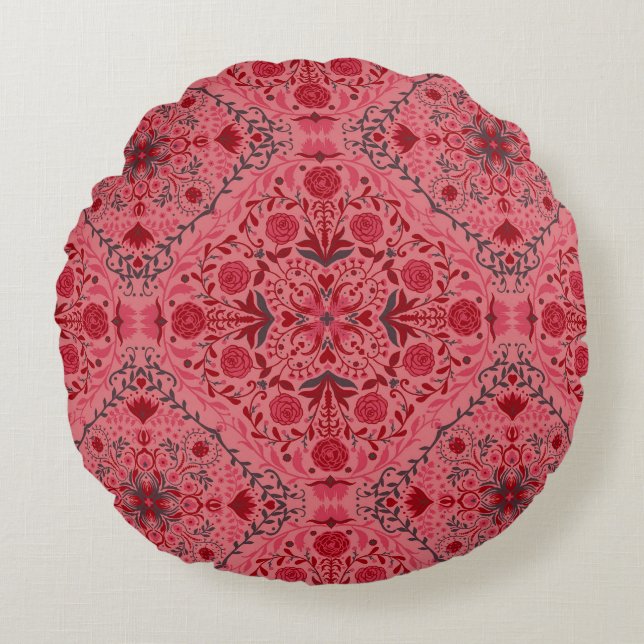 Floral tiles in red and watermelon pink round cushion (Front)
