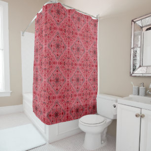 Floral tiles in red and watermelon pink shower curtain
