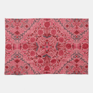 Floral tiles in red and watermelon pink tea towel