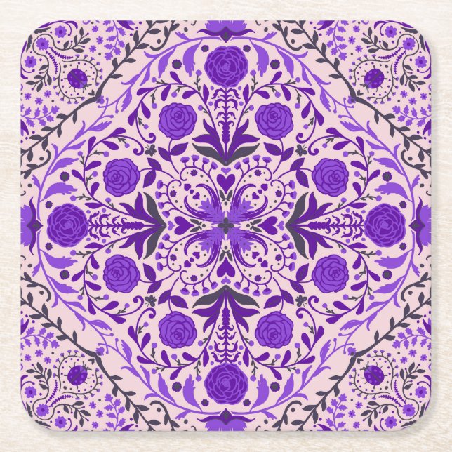 Floral tiles in violet and cotton candy pink square paper coaster (Front)