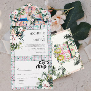 Floral Tiles   Moroccan Tropical Wedding All In One Invitation