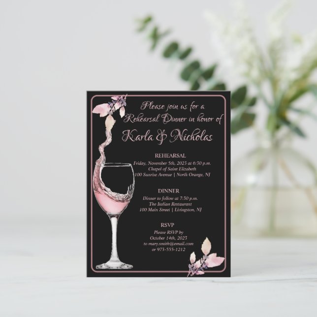 'Floral Toast' Formal Black Rehearsal Dinner Invitation (Standing Front)