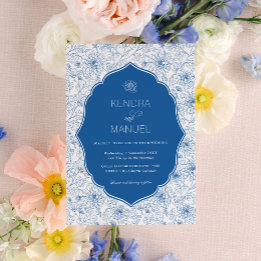 Floral Toile Fancy French Blue Wedding Invitation