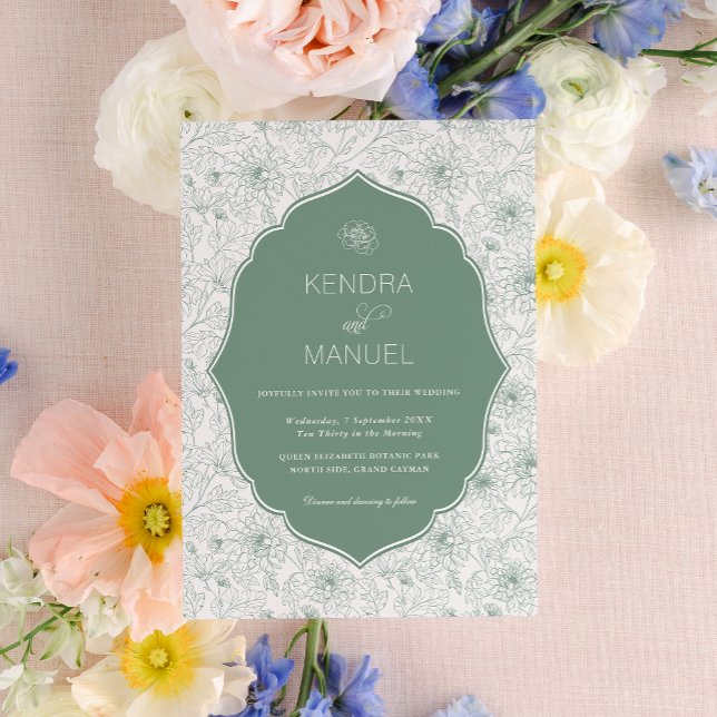 Floral Toile Fancy Sage Green Wedding Invitation (Creator Uploaded)