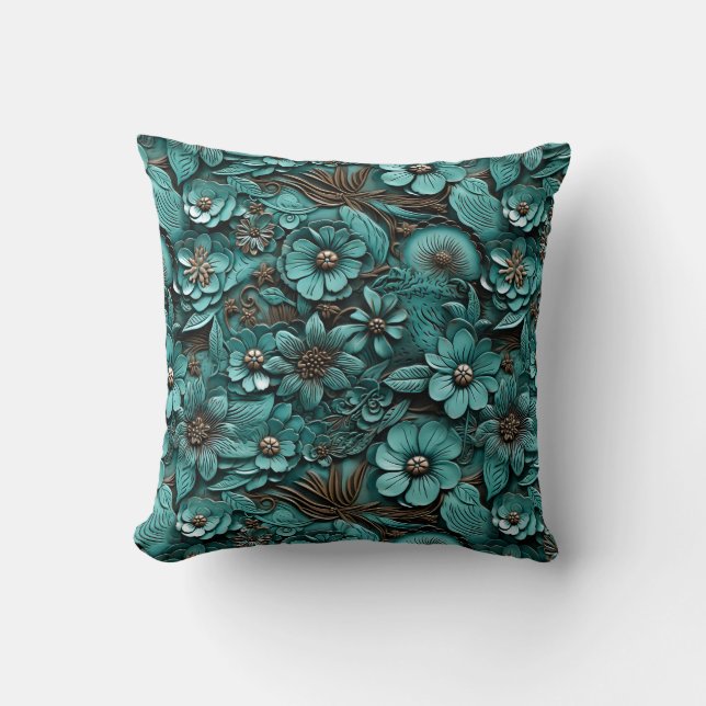 Floral Tooled Leather Throw Pillow (Front)