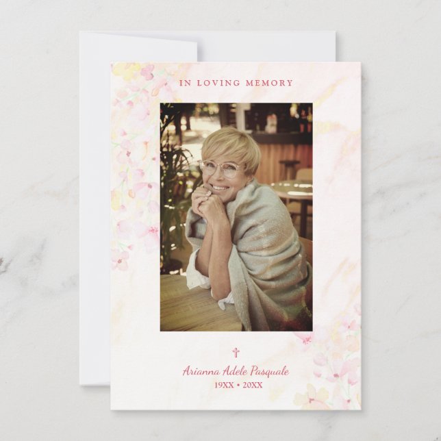 Floral Traditional & Elegant Pink Photo Funeral Card (Front)