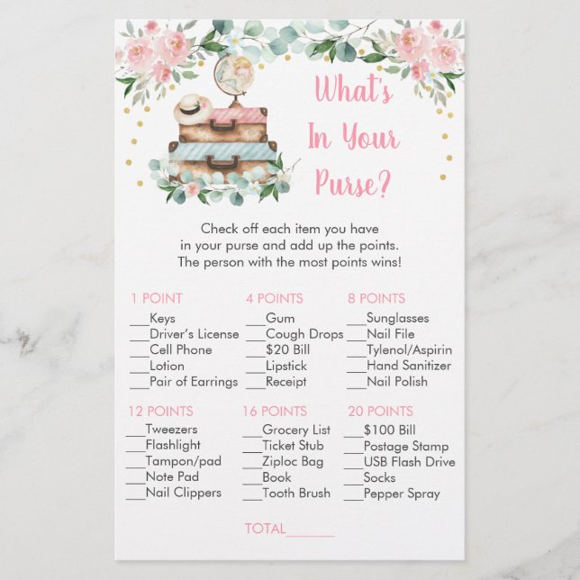 Floral Travel Bridal What's In Your Purse Game (Front)