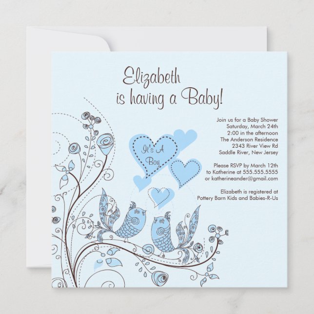 Floral Tree Birds Boy Baby Shower Invitation (Front)