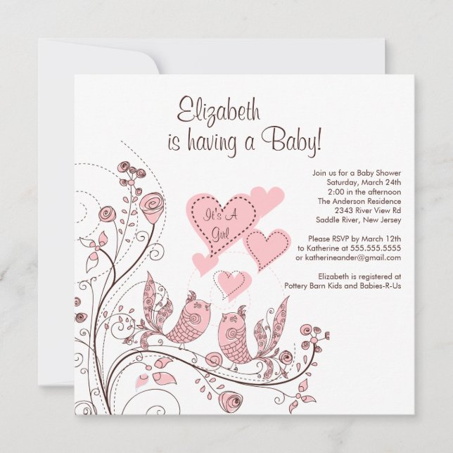 Floral Tree Birds & Hearts Baby Shower Invitation (Front)