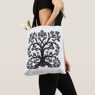 Floral Tree of Life in Black on White Tote Bag