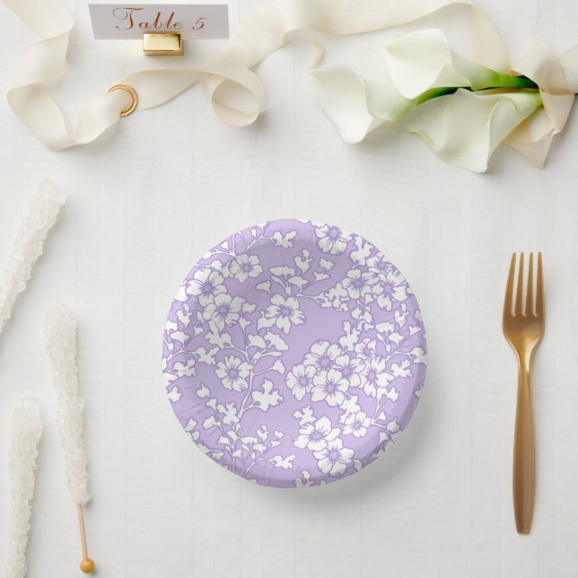 Floral Trellis White - Purple Paper Plate (Wedding)