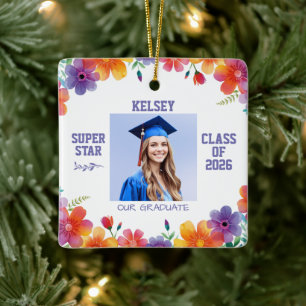 Floral Trendy Photo Congratulations Grad Keepsake Ceramic Ornament