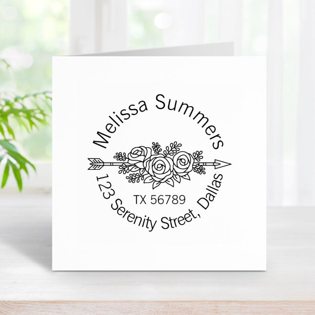 Floral Tribal Arrow, Rose Flowers Round Address Rubber Stamp (Creator Uploaded)