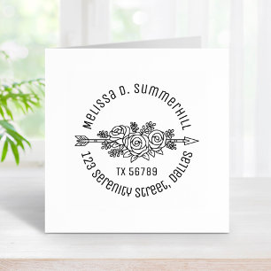 Floral Tribal Arrow, Rose Flowers Round Address V2 Rubber Stamp