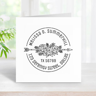 Floral Tribal Arrow Rose Flowers Round Address V2b Rubber Stamp
