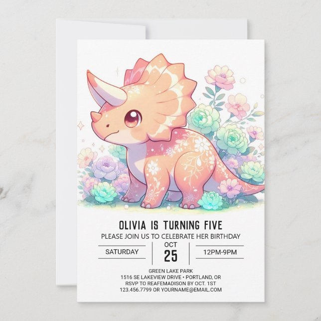 Floral Triceratops Dinosaur Digital Birthday Invitation (Front)