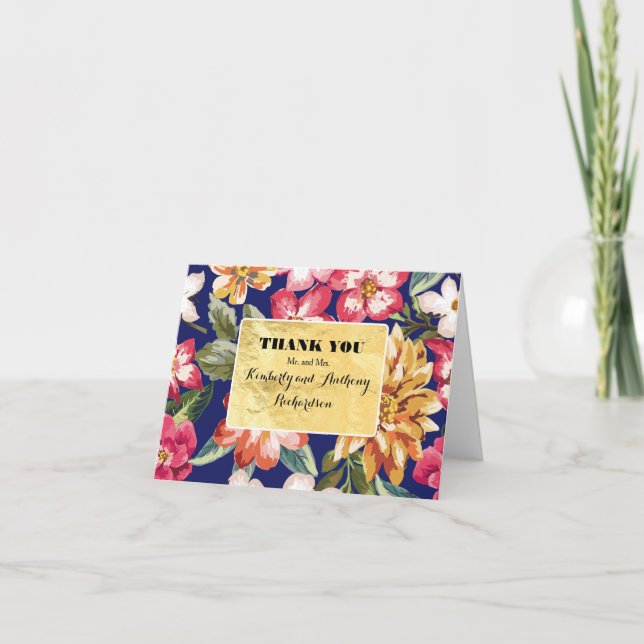floral tropical beach navy -gold wedding thank you card (Front)