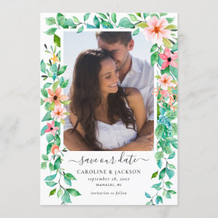 Floral Tropical Beach Photo Save the Date Invitation