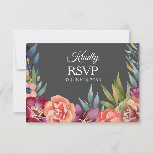 Floral Tropical Burgundy RSVP 3 Meal Card- Grey Card (Front)