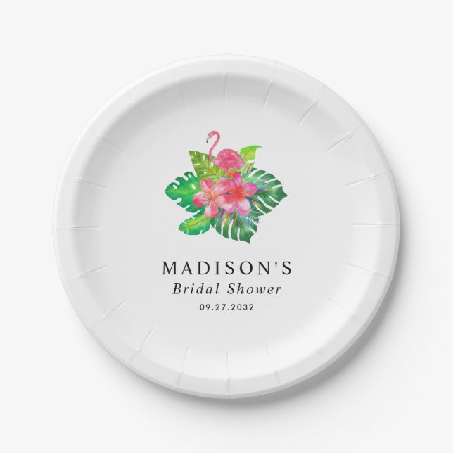 Floral Tropical Flamingo Bridal Shower Paper Plate (Front)