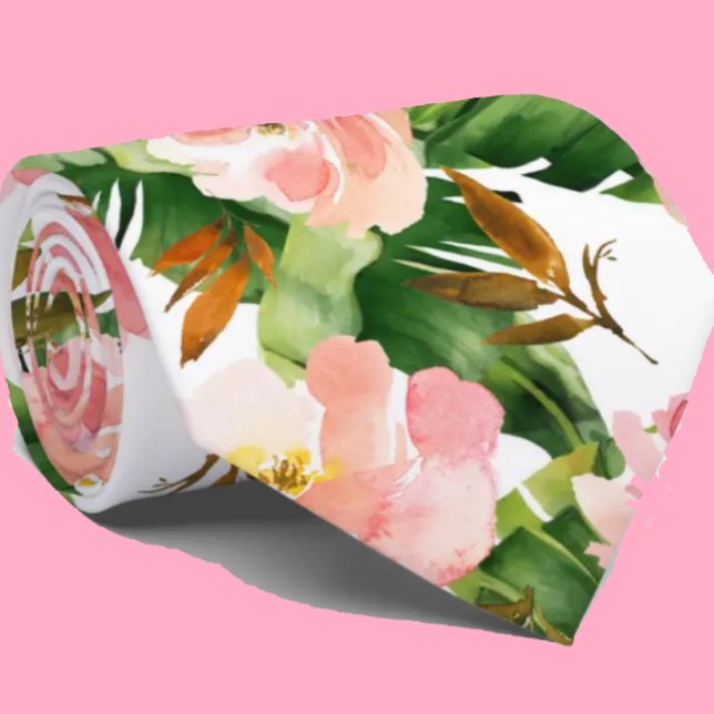 Floral Tropical Palm Pink Flowers Botanical Tie (Creator Uploaded)
