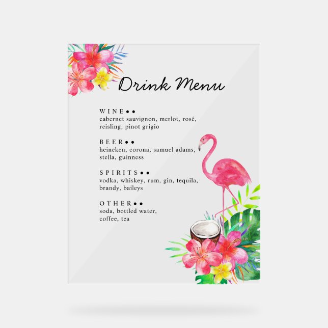 Floral Tropical Paradise Flamingo Drinks Menu Acrylic Sign (Front)