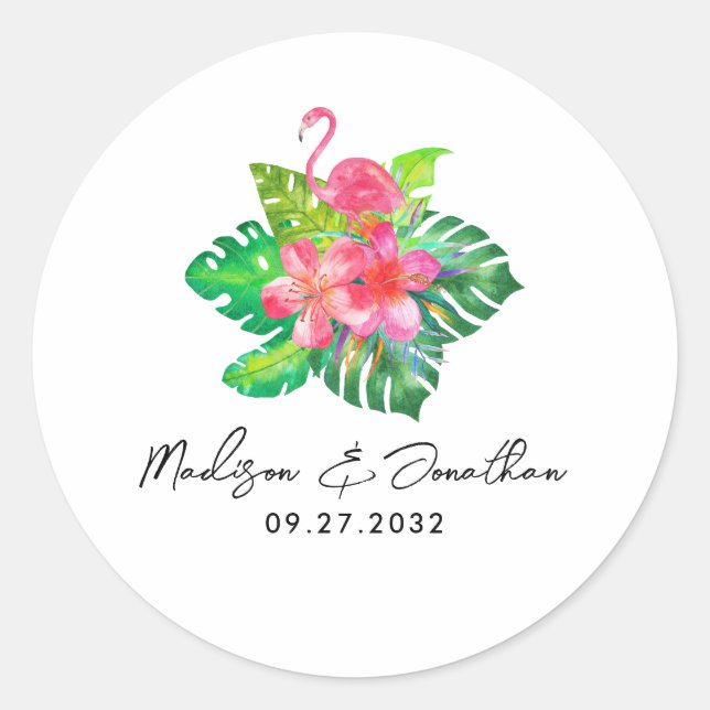 Floral Tropical Paradise Flamingo Wedding Classic Round Sticker (Front)