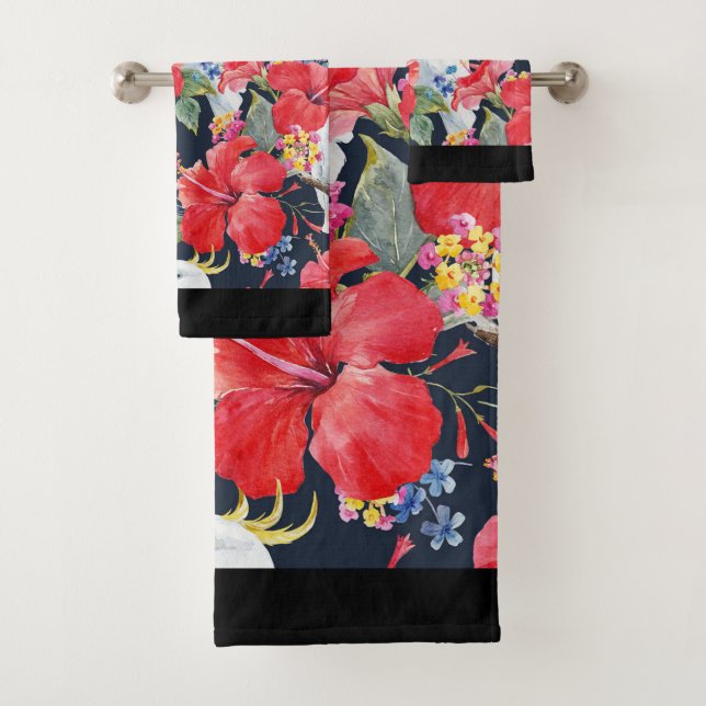 Floral Tropical Pattern Red Hibiscus Cockatoo  Bath Towel Set (Insitu)