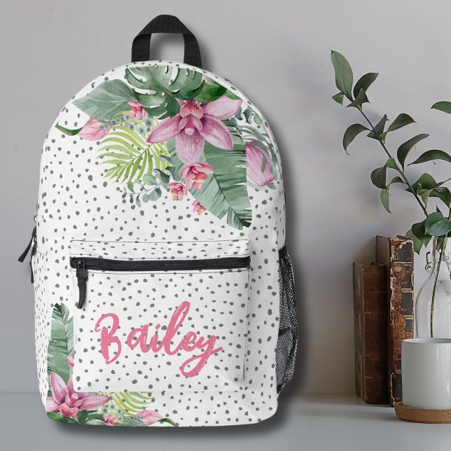 Floral Tropical Personalised Name Girls Printed Backpack (Cute Trendy Dot Pattern Floral Tropical Watercolor Printed Backpack)
