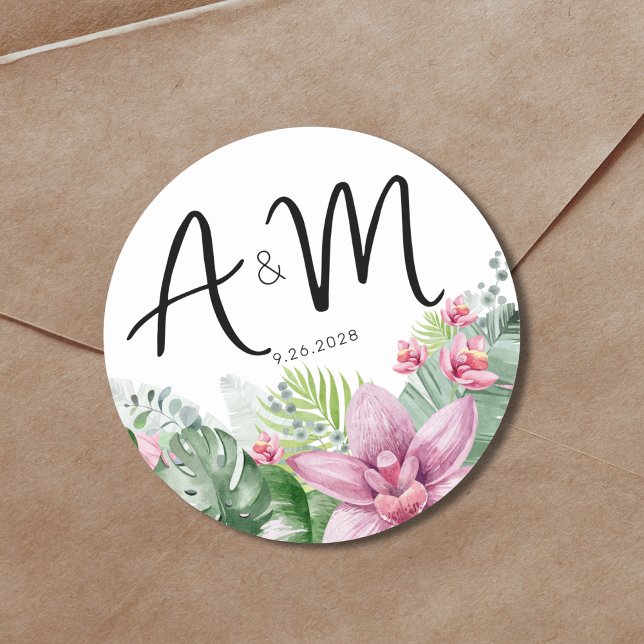 Floral Tropical Wedding Classic Round Sticker (Watercolor Floral Palm Tropical Wedding Monogram Classic Round Sticker)
