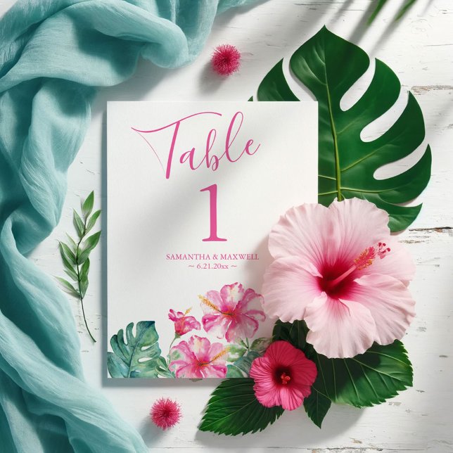 Floral Tropical Wedding Table Number (Destination weddings tropical pink watercolor hibiscus flowers and palm leaf artVictoria Grigaliunas)
