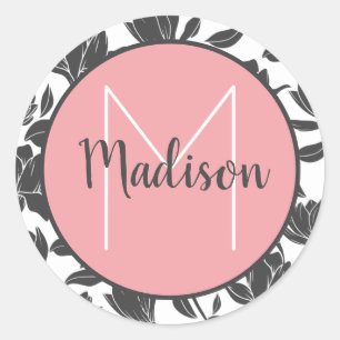 Floral Tulip Flowers Pastel Pink Monogrammed Name  Classic Round Sticker