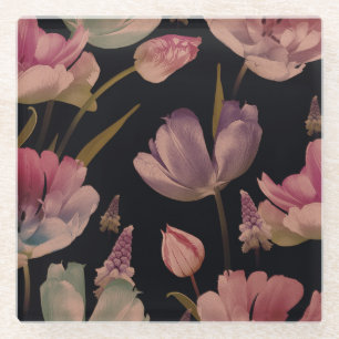 Floral tulips, muscari: vintage seamless glass coaster