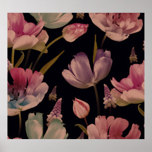Floral tulips, muscari: vintage seamless poster