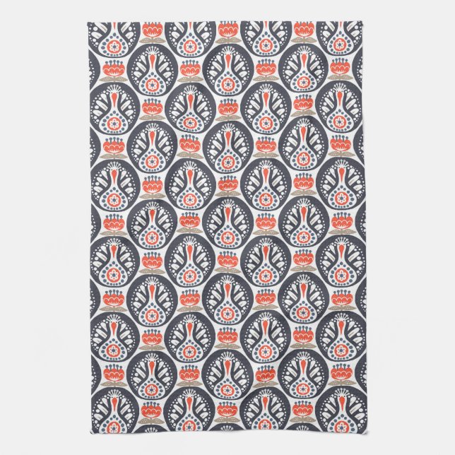 Floral Turkey Folk Art Pattern Tea Towel (Vertical)