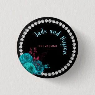 Floral Turquoise and Mauve Elegant Rhinestone 3 Cm Round Badge