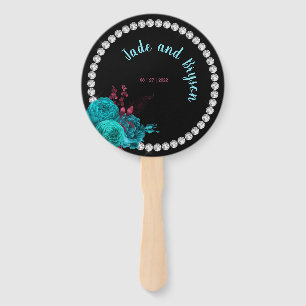 Floral Turquoise and Mauve Elegant Rhinestone  Hand Fan