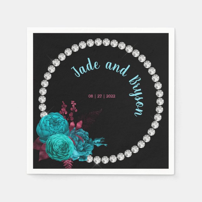 Floral Turquoise and Mauve Elegant Rhinestone    Napkin (Front)