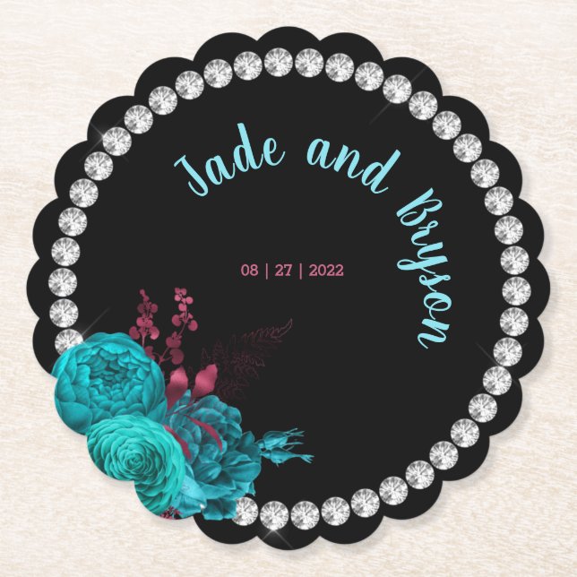 Floral Turquoise and Mauve Elegant Rhinestone    Paper Coaster (Front)